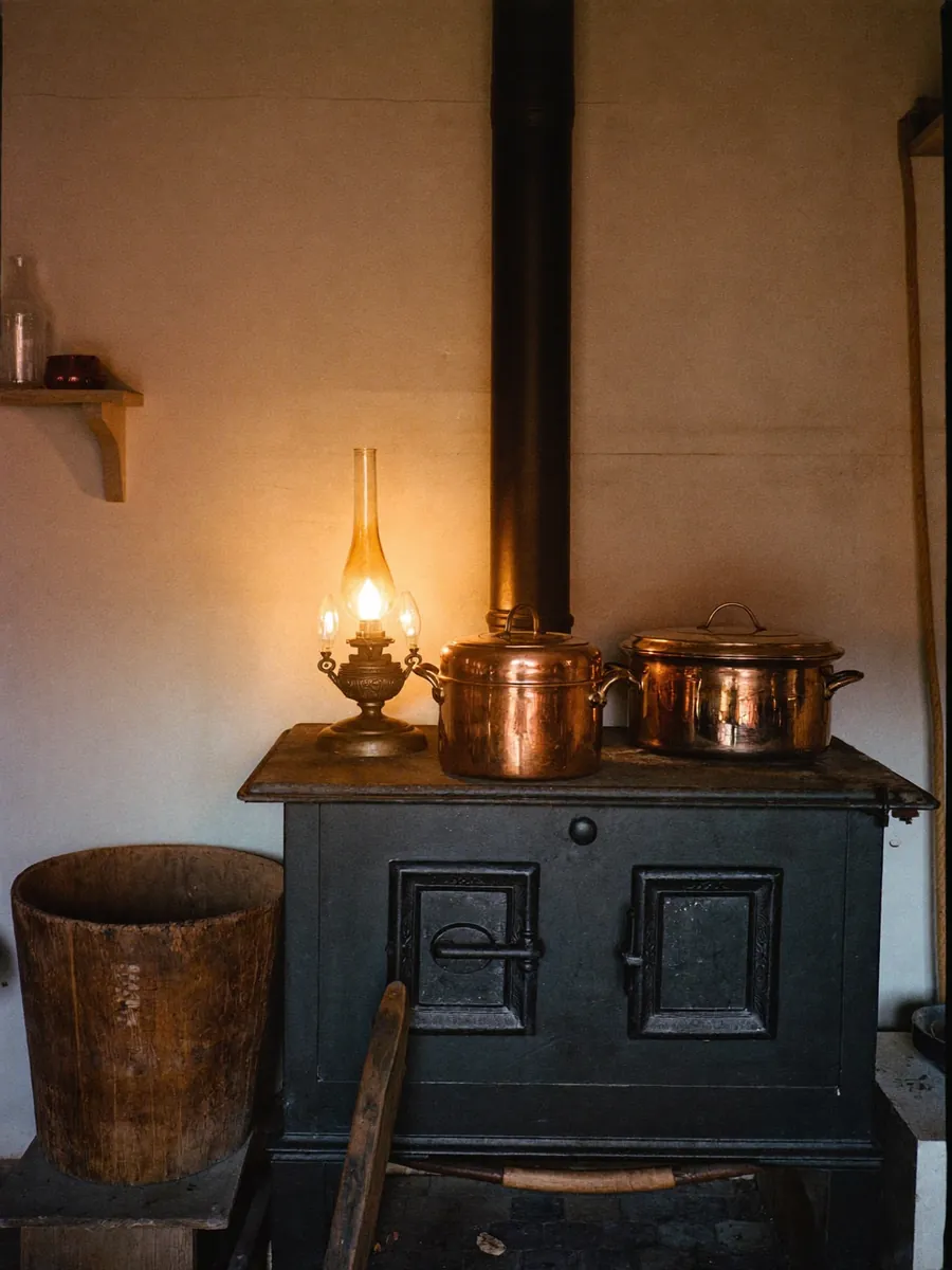 Un poêle à bois et une lampe ancienne dans une cuisine d’autrefois